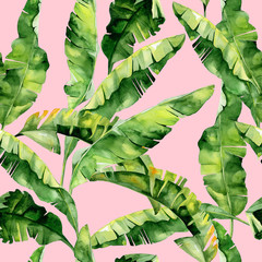 Seamless watercolor illustration of tropical leaves, dense jungle. Pattern with tropic summertime motif may be used as background texture, wrapping paper, textile,wallpaper design. Banana palm leaves  - 142236150