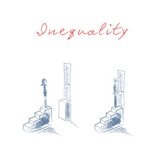 Gender issues in business concept with businessman and businesswoman standing on steps with different opportunities in career. Inequality concept in hand drawn vector sketch design.
