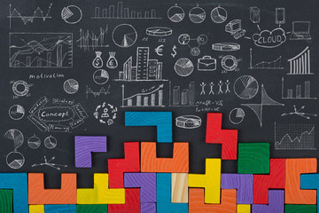 concept - sketch with schemes and graphs on chalkboard