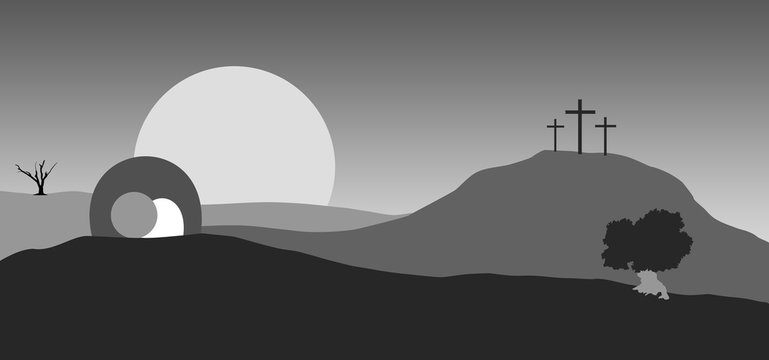 Easter. Empty tomb and crosses in black landscape.