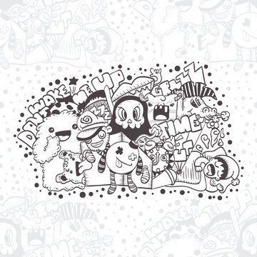 Seamless background. Pattern with crazy doodle the monster under the bed. hand drawn vector illustration
