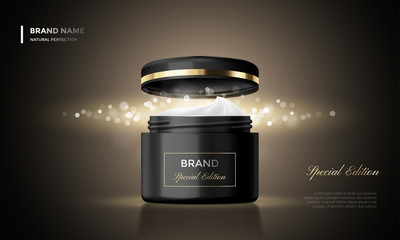 Cosmetic package advertising vector cream jar premium black glitter background
