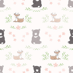 Seamless background. Pattern with doodle cute bear and deer