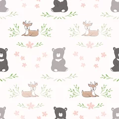 Behang Naadloze achtergrond. Patroon met doodle schattige beer en hert © #3664545