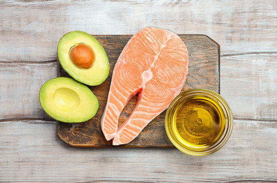 Selection of healthy fat sources. Top view, copy space.