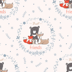 Seamless background of best friends forever. Pattern with doodle cute fox, rabbit, deer, bear, beaver and squirrel in floral frames