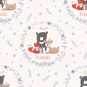 Seamless background of best friends forever. Pattern with doodle cute fox, rabbit, deer, bear, beaver and squirrel in floral frames