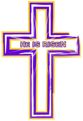Cross drawing in purple and gold with the words "He is Risen"
