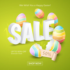 Poster for Easter Sale with 3d text, colored eggs, ribbon and grass on the green background. Vector template for banners and flyers design with discounts offers.