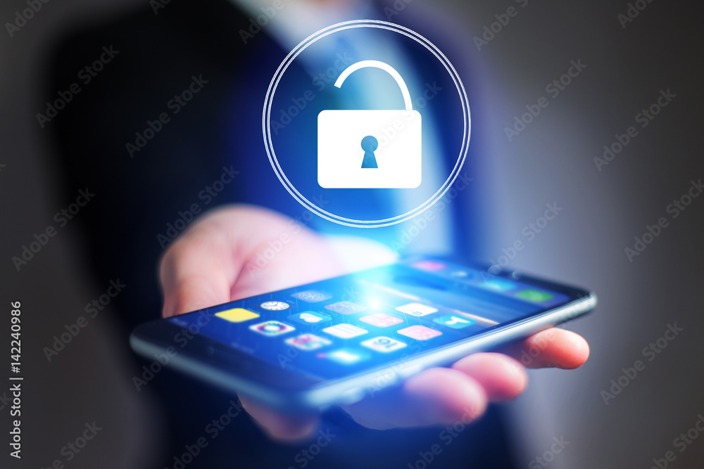 Poster security concept with a locker open on an internet application - technology concept