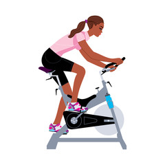 Black young woman doing workout at the stationary bicycle machine. Vector