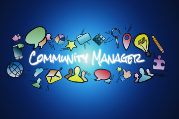 Community manager title isolated on a background and surounded by multimedia icons - Internet concept