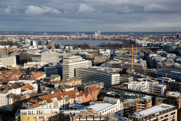 Obraz premium Hamburg (Germany) - Aerial urban skyline from the tower of saint Michaelis church in the Neustadt district in Hamburg