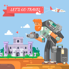 Naklejka na ściany i meble Tourist with a suitcase and a camera goes to the castle Photographer character with camera taking photos Vector illustration