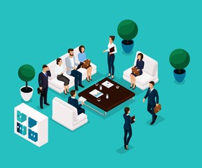 Trend isometric people, a room discussing a front view, business concept, discussion, brainstorming, businessmen in suits stylish hairstyle insulated