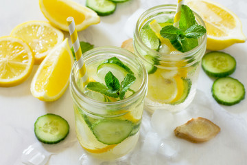 Water Sassi. Refreshing summer drink with lemon, ginger, fresh cucumber and mint. The concept of...