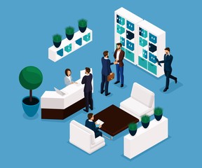 Trend isometric people, the reception room is a front view, business concept, meeting, handshake, brainstorming, businessmen in suits insulated. Vector illustration