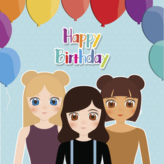 happy birthday card with anime girls and balloons. colorful design. vector illustration