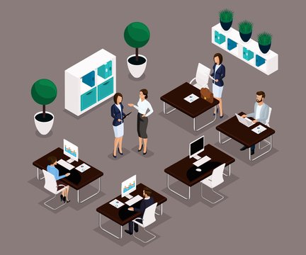 Trend Isometric people working office is a front view, business concept, management, office furniture, workflow, business office workers in suits insulated. Vector illustration