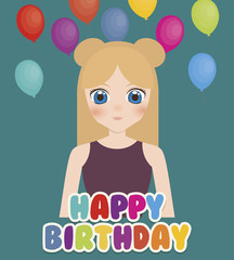 happy birthday card with anime girl and balloons. colorful design. vector illustration
