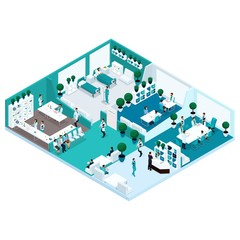 Trendy Isometric people illustration front view of hospitals, hospital concept house, office manager, surgeon, nurse workflow, medical workers are isolated