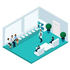 Trendy isometric people, a hospital corridor, waiting at the doctor's office, in turn, patients are isolated on a light background