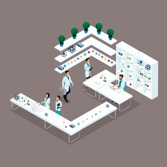 Trendy isometric people, laboratory scientists, medical professionals, research, experiments, analyzes, laboratory workers are isolated on a light background