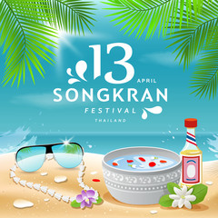 Fototapeta premium Songkran Festival summer of Thailand on sea background, vector illustration