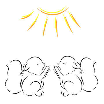 Vector outline drawing of two squirrels pulls legs to the sun