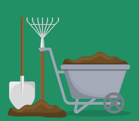 wheelbarrow and gardening tools over green background. colorful design. vector illustration