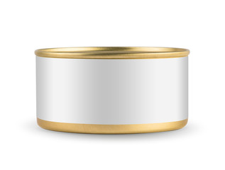 White blank tincan gold metal Tin Can, canned Food. Isolated on white background. Ready for your design. Real product packing.