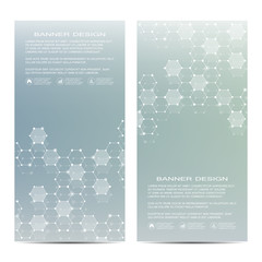 2 of modern vertical scientific banners. Molecular structure of DNA and neurons. Geometric abstract background. Medicine, science, technology, business and website templates. Vector illustration