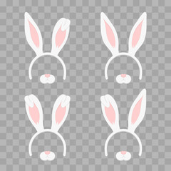 Set of Easter mask with rabbit ears isolated on transparent checkered, illustration. Cartoon Cute Headband with Ears Holiday Set. Flat Design Style.