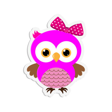 Sticker of a cute owl pink with a bow on a white background.