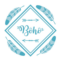 decorative frame with feathers around over white background. colorful design. boho style concept. vector illustration