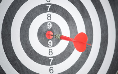 red arrow on center of dartboard. concept business goal to success.