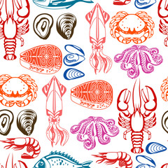 Seamless pattern with various seafood. Illustration of fish, shellfish and crustaceans
