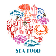 Background with various seafood. Illustration of fish, shellfish and crustaceans