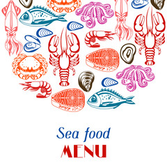 Background with various seafood. Illustration of fish, shellfish and crustaceans