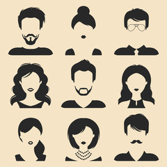 Vector set of different male and female icons in trendy flat style. People faces images collection.