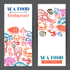 Banners with various seafood. Illustration of fish, shellfish and crustaceans