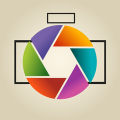 Obraz premium Multi-colored vector logo in the form of lens and diaphragm of photoappar on light background