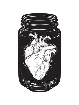 Naklejki Human heart in glass jar isolated. Sticker, print or blackwork tattoo hand drawn vector illustration