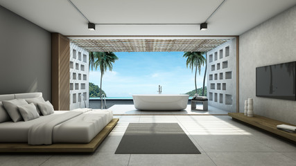 Bedroom pool villa Outdoor bathroom Way down the pool background take view sea -3D render