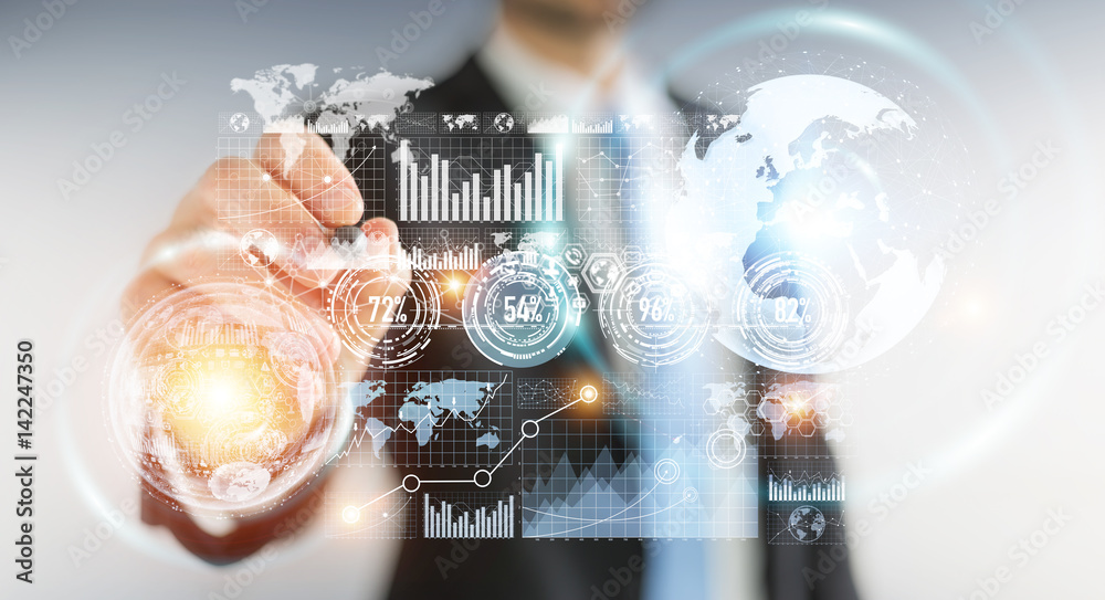Poster businessman moving digital datas with a tactile pen 3d rendering