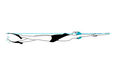 A woman wearing flippers, swimming cap and goggles swimming on the back with a board in the swimming pool. Vector illustration.