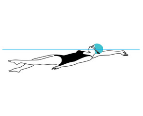 A woman wearing swimming cap and goggles swimming on the back in the swimming pool. Vector illustration.