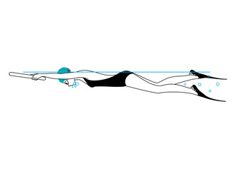 A girl wearing flippers, swimming cap and goggles swimming with a board in the swimming pool. Vector illustration.