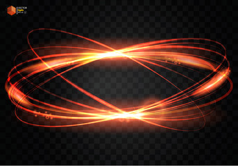 Circular light effect vector fire ring. Luminous fire elepses. The sparkling effect sparkles against a black background. Golden lines of the ellipse with flashes