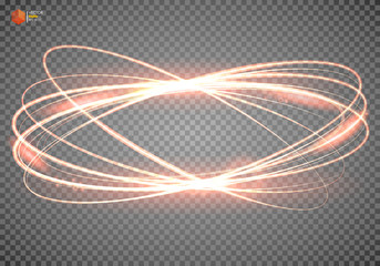Circular light effect vector fire ring. Luminous fire elepses. The sparkling effect sparkles against a black background. Golden lines of the ellipse with flashes
